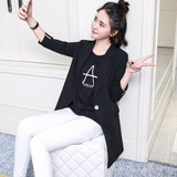 2016秋装韩版修身女士中长款七分袖西装一粒扣直筒H型黑色外套潮