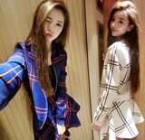 蘑菇街2016春夏韩版新款时尚女装名媛格子上衣小香风短裙两件套装