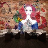 时尚复古砖纹个性涂鸦背景墙 美女彩绘背景墙酒吧咖啡厅墙纸壁画