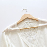 默棉夏季针织薄款开衫 奶白色拼接针织蕾丝开衫 女防晒衫空调衫
