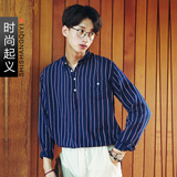 【时尚起义】韩国代购男装2016夏装韩版条纹圆领长袖衬衫潮691349