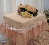 粉色格子立体荷叶边款式桌布 餐桌布餐台布 方形茶几桌布 可定制
