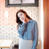 2016春季新款韩版学生纯色时尚百搭雪纺长袖衬衫气质珍珠扣衬衣女
