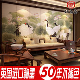 瓷砖背景墙 电视客厅沙发中式现代古典壁画国画 松鹤图 仙鹤 荷花