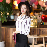 2016春装新品韩版修身黑白条纹雪纺衬衫女长袖显瘦衬衣上衣