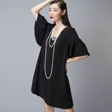 SYU HAN原创设计 女人味露背荷叶袖子V领A型连衣裙 黑白两色