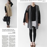 w006韩国女装2016双色拼接中长款羊毛拉链秋冬春女开衫外套现货