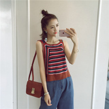 夏季新款韩版女拼色条纹吊带背心修身短款毛线衫无袖上衣+K19