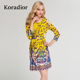 Koradior/珂莱蒂尔正品夏季韩版修身显瘦网纱时尚豹纹印花连衣裙