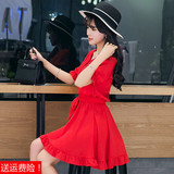 夏季宽松裙显瘦休闲韩版大红短袖a字裙小红裙时尚雪纺红色连衣裙