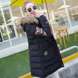2016年韩版新款羽绒服女士中长款l连帽真毛领可脱卸羽绒棉衣外套