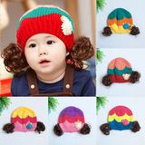 T827 婴儿帽子小花彩条假发帽子韩版宝宝帽秋冬男女儿童帽护耳帽