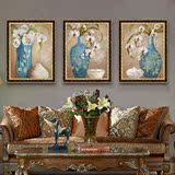 欧式新古典花卉油画纯手绘美式装饰画客厅沙发背景墙三联挂画壁画