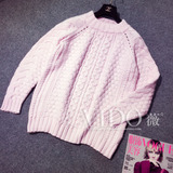 韩国代购甜美粉色常规款园领长袖针织衫女加厚套头麻花毛衣毛衫潮