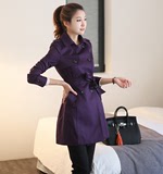 韩国代购2016春装新款女式风衣中长款双排扣修身显瘦紫色女装外套