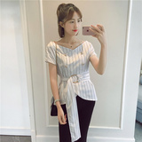 夏季新款韩版女气质修身绑带双排扣V领衬衫不对称短袖上衣+L36