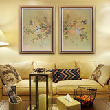 书房茶馆客厅玄关装饰中式复古手绘动物花卉油画黄鹂鸟两联组合画