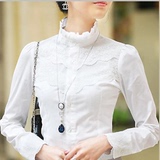 韩版2016新品春装女士纯棉长袖衬衫立领蕾丝花边打底衫职业上衣