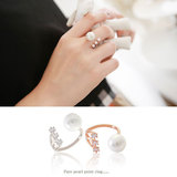 韩国18K玫瑰金开口珍珠戒指女  韩版简约时尚气质镶钻可调节指环