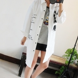 2016新款韩版米奇字母印花厚雪纺中长款白色长袖衬衫风衣女外套潮