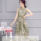 2016气质女装夏装韩版修身高腰长款连衣裙雪纺无袖印花长裙