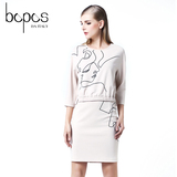 bopos2016春装新款女装两件套装上衣 抽象圆领八分袖套头针织卫衣