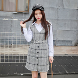 2015冬新款韩版气质复古加厚毛呢单排扣修身显瘦格子背带连衣裙女