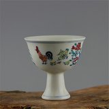 热卖明成化斗彩子母鸡高足鸡缸杯 做旧仿明代古瓷器 古玩古董茶具