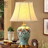 现代新中式陶瓷台灯卧室床头灯美式客厅手绘花鸟蓝色全铜布艺灯具