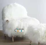 美式乡村实木单人沙发椅组合脚蹬法式复古白色长毛椅沙样板房家具