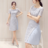 2016夏季新款韩版短袖蕾丝开叉百褶连衣裙大码中长款显瘦雪纺裙