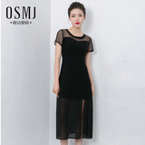 2016夏季韩版修身显瘦欧洲站性感黑色雪纺长裙短袖中长款连衣裙女