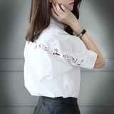2016芙蕾达夏季新款白色印花灯笼袖中袖衬衫女宽松大码短袖棉衬衣
