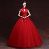 2016新款夏季新娘红色婚纱礼服蕾丝钻包肩复古修身显瘦齐地蓬蓬裙