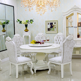 堂和聚欧式实木圆餐桌小户型6人1.35米吃饭桌雕花白色饭桌带转盘