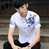 男士短袖衬衫青年夏季休闲衣服学生印花潮流衬衣韩版修身帅气男装