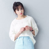 春季新款韩版纯色甜美镂空勾花中袖针织衫女五分袖毛衣罩衫
