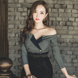2016秋季新品韩版气质条纹衬衫大V领修身显瘦衬衫上衣衬衣女
