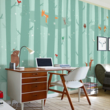 绿色树林手绘3d墙纸 卡通早教中心壁纸 儿童房卧室满铺大型壁画