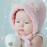婴儿帽子 冬季宝宝加绒护耳帽0-1岁韩国儿童柔软系带帽毛线帽包邮