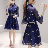 2016新款女装夏装韩版修身刺绣雪纺连衣裙女喇叭袖中长款衬衫裙子