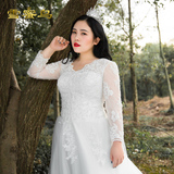 雪蜜鸟预售婚纱礼服新款白色v领韩式新娘长袖拖尾婚纱大码秋冬