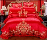 欧式刺绣花夹棉床笠式床罩床裙四件套全棉加厚结婚庆大红贡缎提花