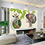 儿童卡通动物大型壁画大象长颈鹿3D客厅电视背景墙纸小孩卧室壁纸