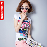 夏季新款韩版短袖T恤女烫钻印花修身显瘦纯棉大码半袖体恤女装潮