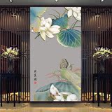 新中式玄关门厅过道背景墙纸 大型荷花莲花图案墙布 无缝整幅壁画