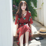夏韩国新款V领红色波西米亚复古印花连衣裙女海边度假沙滩长裙仙