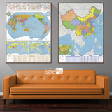 中国世界地图有框画办公室装饰画书房高清竖版超大油画布有框地图
