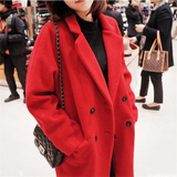 2016秋冬新款韩版红色毛呢外套女修身显瘦双排扣夹棉加厚呢子大衣