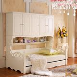 韩式田园母子床双层床高低床实木带柜床儿童床 韩式衣柜床